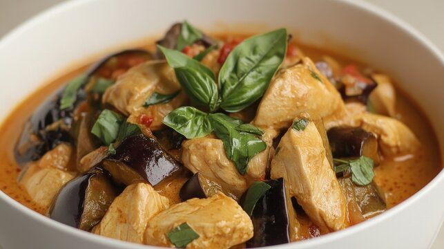 Delicious chicken and eggplant dish with fresh basil and tomato sauce in a white bowl