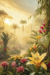Lush tropical flowers in surreal fantasy landscape with vibrant colors and soft sunlight. serene and enchanting atmosphere surrounds scene
