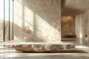 Serene Minimalist Stone Bench Bathed in Soft Natural Light Against Neutral Tiled Wall
