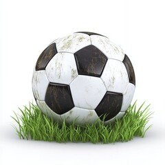 Fototapeta premium Well-worn Soccer Ball on Lush Green Grass, suggesting a recent intense game or practice session. The image's bright white backgrou