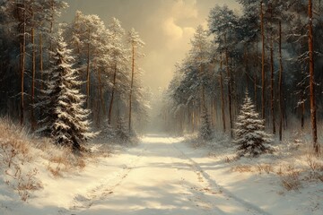 Naklejka premium Snowy Winter Forest with Christmas Trees and a Serene Path