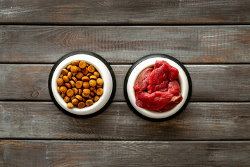 Pet food in bowls - meat and dry food, top view