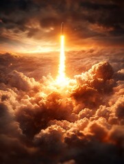 Rocket launching through fiery clouds at sunset. Dramatic lighting and vibrant colors create a powerful image of space exploration