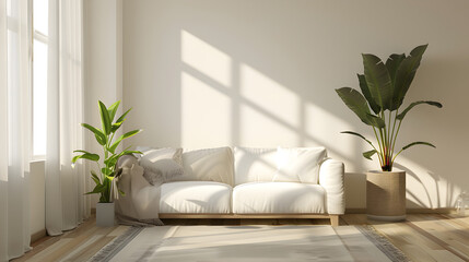Bright and cozy modern living room interior have sofa and plant with white wall.