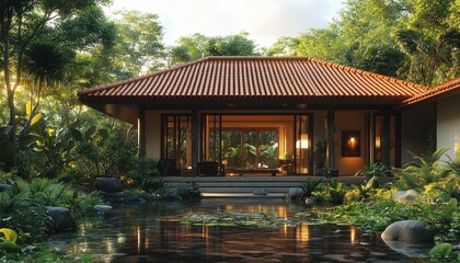 Fototapeta premium Photorealistic Traditional House with Red Tiled Roof in Lush Garden Evening Light