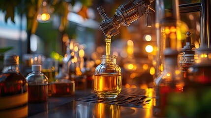 Glass bottle being filled with golden liquid in a modern laboratory