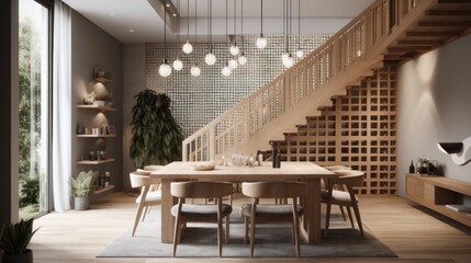 Scandinavian Minimalist Dining Room Design with Natural Wood Furniture and Warm Lighting
