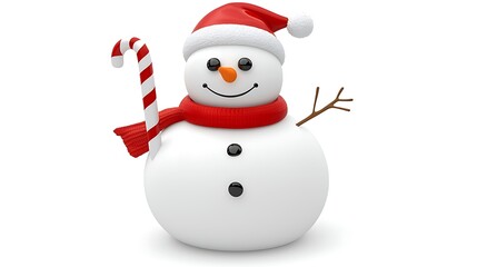Fototapeta premium Cheerful Snowman with Candy Cane and Santa Hat for Winter Decor