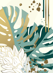 Abstract Tropical Leaves Wall Art. Botanical Print, Gold and Green Monstera Illustration, Elegant Nature Decor, Trendy Poster with watercolor splashes, Contemporary Home Design