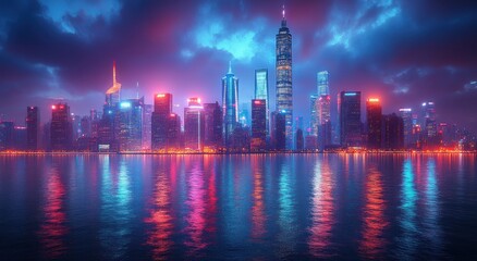 Fototapeta premium Vibrant Cyberpunk Cityscape of Hong Kong at Night with Skyscrapers and Neon Lights
