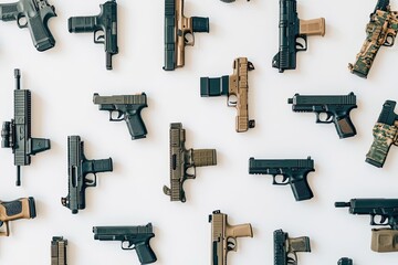 A flatlay showcasing various handgun models in different colors and finishes