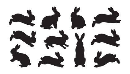 Set of silhouettes rabbit with different poses On white background. A bunny jumping & sitting positions