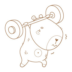 Outline capybara struggling to lift heavy barbell. Funny kawaii animal sportsman. Line drawing, coloring book. Vector illustration. Kids collection