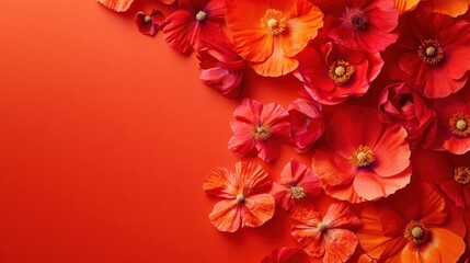 Red poppy flowers arranged on a red background, leaving copy space.