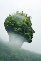 A nature-inspired art piece of a forest growing into a human face.