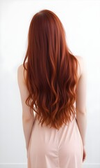 Fototapeta premium long wavy red hair portrait. vibrant red hair against neutral white background. serene beauty of flowing red locks.