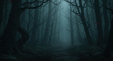 Spooky forest path with glowing red eyes.
