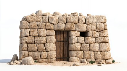 Fototapeta premium Weathered Stone Ruins with Wooden Door Against White Background