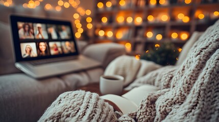 Person watching laptop video call, relaxing on cozy sofa indoors with lights