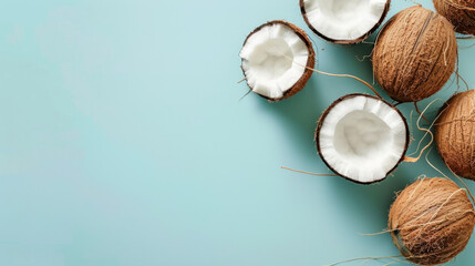 fresh coconut on light blue background