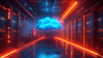 Futuristic Digital Server Room with Virtual Cloud Holograms Empowering Innovation in Data Storage and Management