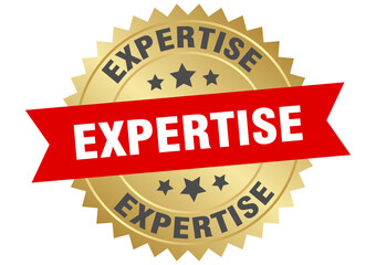 expertise. expertise round red and gold label isolated on transparent background
