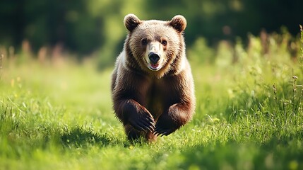 Obraz premium Brown bear running towards camera in green field.