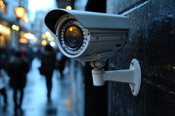 Camera watches busy street at dusk, building side