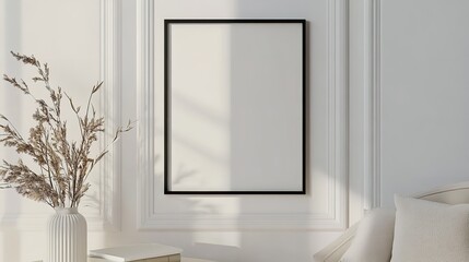 Fototapeta premium Blank photo frame mockup on a white wall with lights and shadows. Soft natural lighting, minimalist decor, dried plants