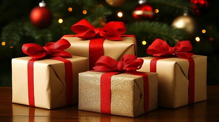 Obraz premium Four Christmas presents with red bows on wooden table.