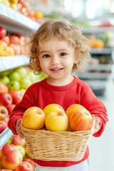 Fototapeta premium A young child smiles brightly while holding a basket filled with fresh apples. The colorful array of fruits in the grocery store creates a cheerful atmosphere, perfect for shopping