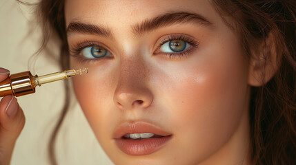 Obraz premium A beautiful young girl with striking blue eyes gently applies a serum to her face. The soft lighting highlights her fresh complexion and natural beauty, creating a calm and inviting atmosphere