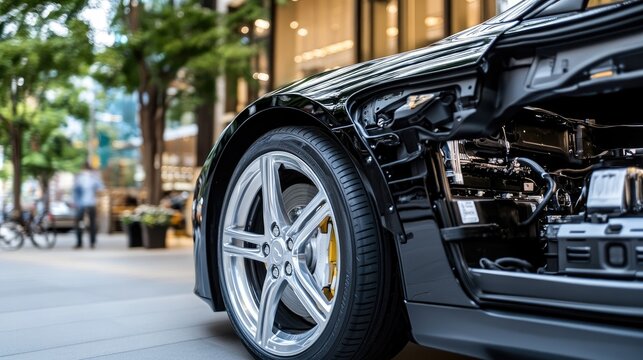 Close-Up View of Car Engine in Urban Environment with Modern Design