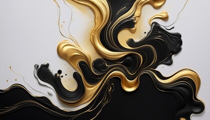 Abstract black and gold ink swirling in liquid, creating mesmerizing, fluid patterns with dynamic contrasts and vibrant energy.