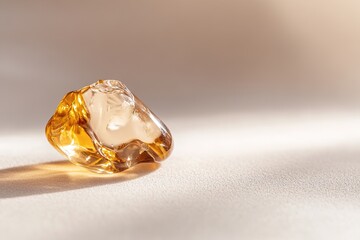 A smooth, golden amber stone reflects warm hues as it rests on a neutral-toned surface. Soft natural light enhances its polished finish, creating an organic and refined atmosphere