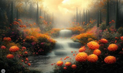 surreal dreamlike fantasy landscape with autumn colours vibrant flowers and flowing streams