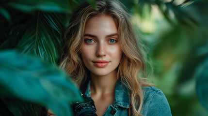 A woman stands amidst vibrant green foliage, holding her camera and focusing intently on capturing the perfect shot during golden hour. Her relaxed expression reflects her passion for photography