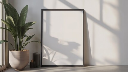 White Vase with Dried Branches and a Blank Frame on a Wooden Shelf