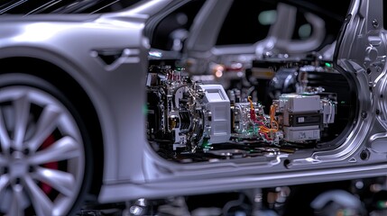 Detailed Close-Up of Electric Vehicle Engine and Components