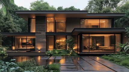 Modern Minimalist House Design Surrounded by Lush Greenery with Reflective Wet Pavement at Twilight