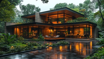Minimalist Contemporary Luxury Home with Twilight Ambiance and Lush Greenery