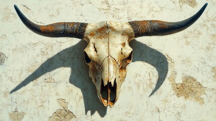 Fototapeta premium A cow skull, elegantly displayed against a textured white backdrop. It faces left, tilted subtly right; highlighting fine details in the upper structure
