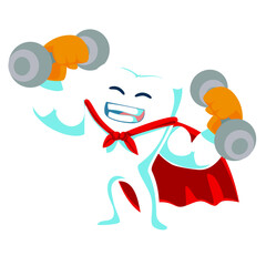 illustration of a Superhero teeth holding a barbell with his big and strong muscles