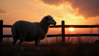 Fototapeta premium Sheep standing in pasture at sunset near wooden fence
