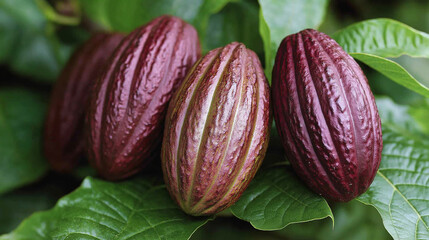 Vibrant cocoa pods in shades of purple and brown rest on lush green leaves in a tropical setting, showcasing the natural beauty of cacao cultivation