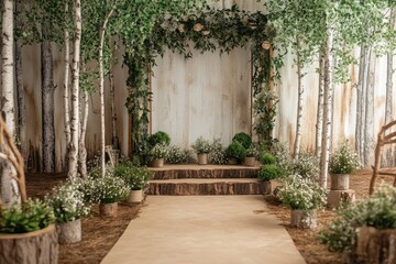 Fototapeta premium A Rustic Forest Stage Decorated With Trees and Greenery