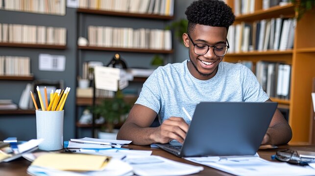 Busy smiling young man type on notebook pc sit at home office desk engaged in accounting work use internet app to get online education manage electronic paperwork check documents make financial report