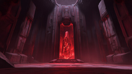 An enormous, glowing red crystal encased in a dark, ancient structure. The architecture is stark and monumental, evoking a sense of mystery.