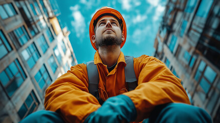 An engineer operator expertly controls a crane while seated atop a construction site. Bright blue skies provide a vivid backdrop, showcasing the dedication to building
