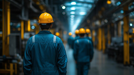 A team of engineers in safety helmets walks through a well-lit industrial facility, showcasing teamwork and professionalism. The environment emphasizes quality and expertise in engineering